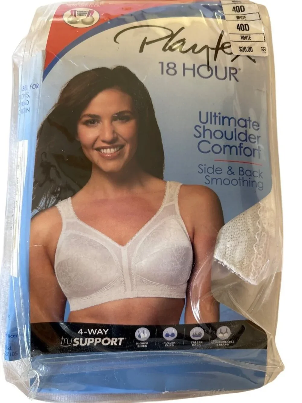 Playtex 18 Hour Wirefree Bra 40D White Comfort Cushion Straps Side & Back Smooth